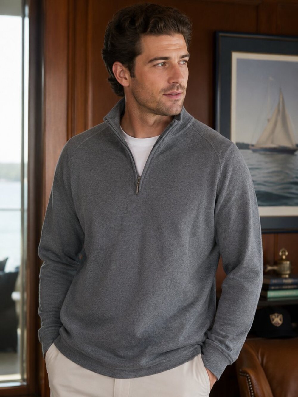 Hart Schaffner Marx Gray 1/4 Zip Sweater 100% Cotton